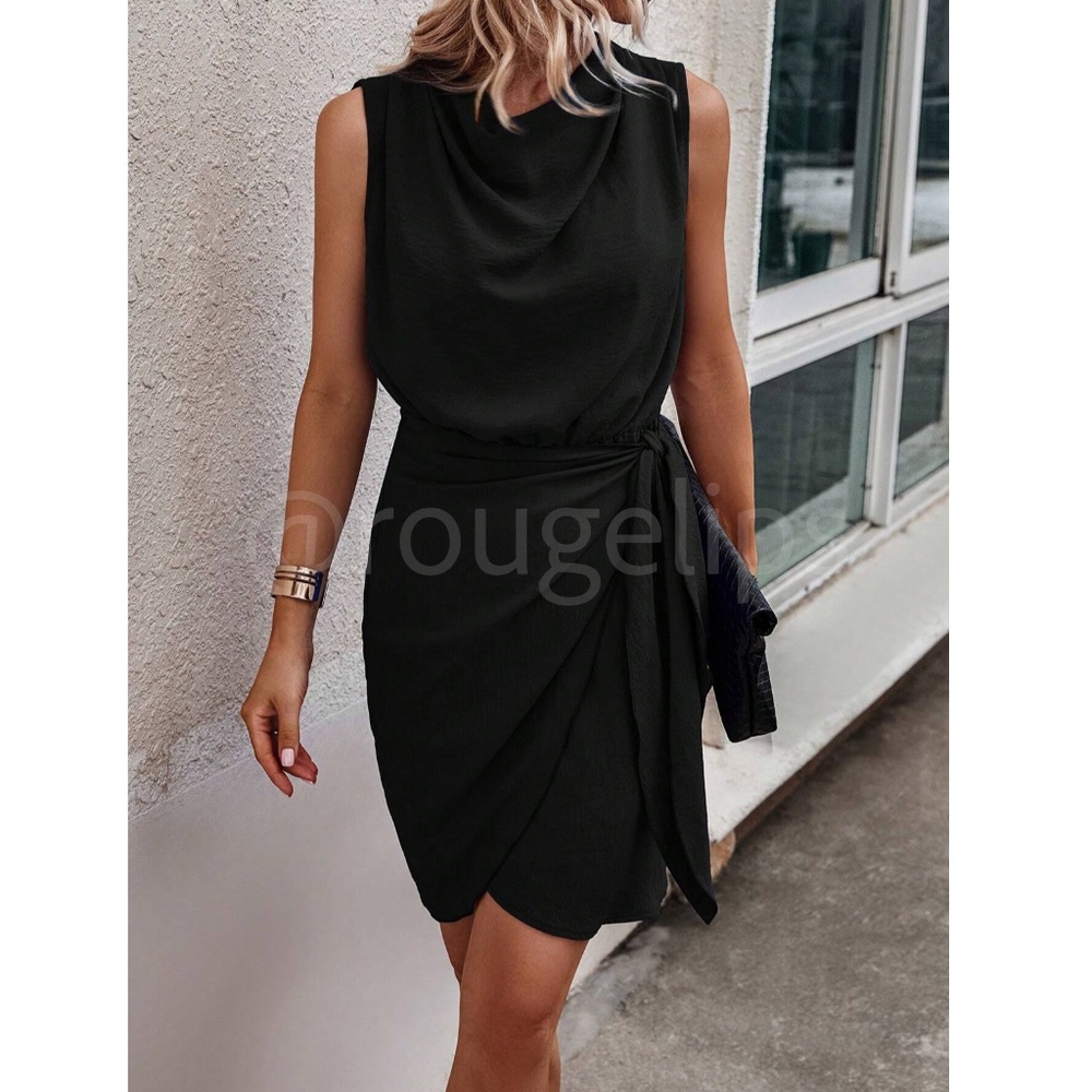 Black Crinkle Mini Dress Draped Neck Wrap Overlapping Side Tie Skirt